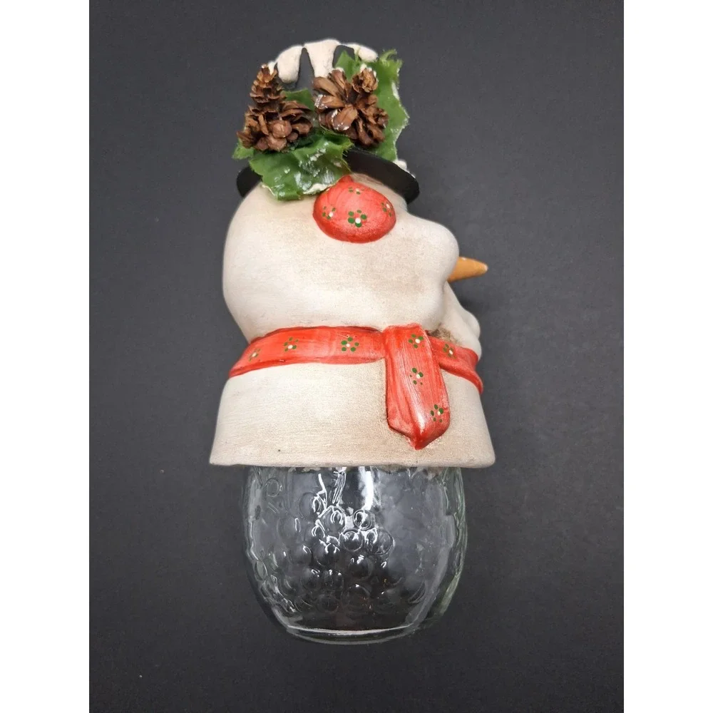 Vintage Snowman Glass Candy Jar Bank Christmas Decor Hand Painted